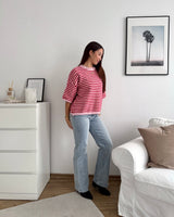 Kurzarm Strickpullover gestreift Rot/Rosa