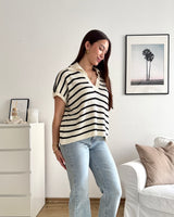 Polo-Shirt gestreift Strick Weiß/Schwarz
