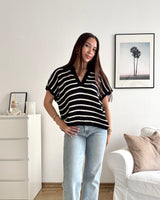 Polo-Shirt gestreift Strick Schwarz/Weiß