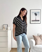 Polo-Shirt gestreift Strick Schwarz/Weiß