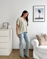 Polo-Shirt gestreift Strick Weiß/Olive