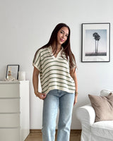 Polo-Shirt gestreift Strick Weiß/Olive