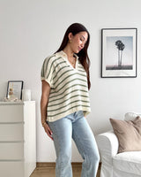 Polo-Shirt gestreift Strick Weiß/Olive
