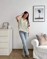 Polo-Shirt gestreift Strick Weiß/Olive