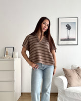 Polo-Shirt gestreift Strick Hellbraun/Braun