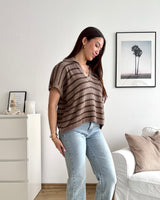 Polo-Shirt gestreift Strick Hellbraun/Braun