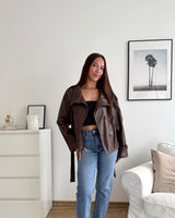 Kunstlederjacke mit hohem Kragen Braun