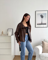 Kunstlederjacke mit hohem Kragen Braun