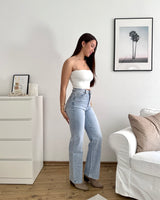 Wide Leg Jeans mit Steinchen Hellblau
