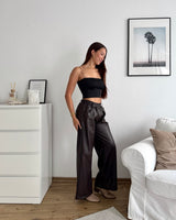 Kunstlederhose Wide Leg Braun