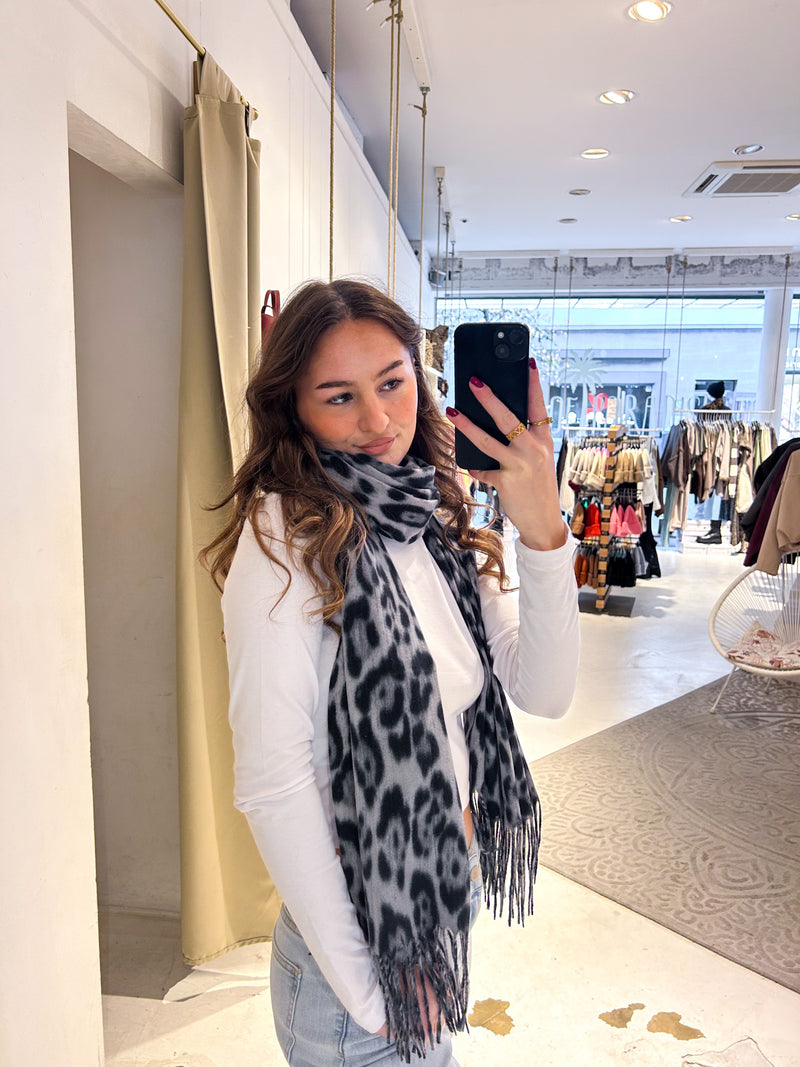 Schal mit Fransen und Leomuster Schwarz