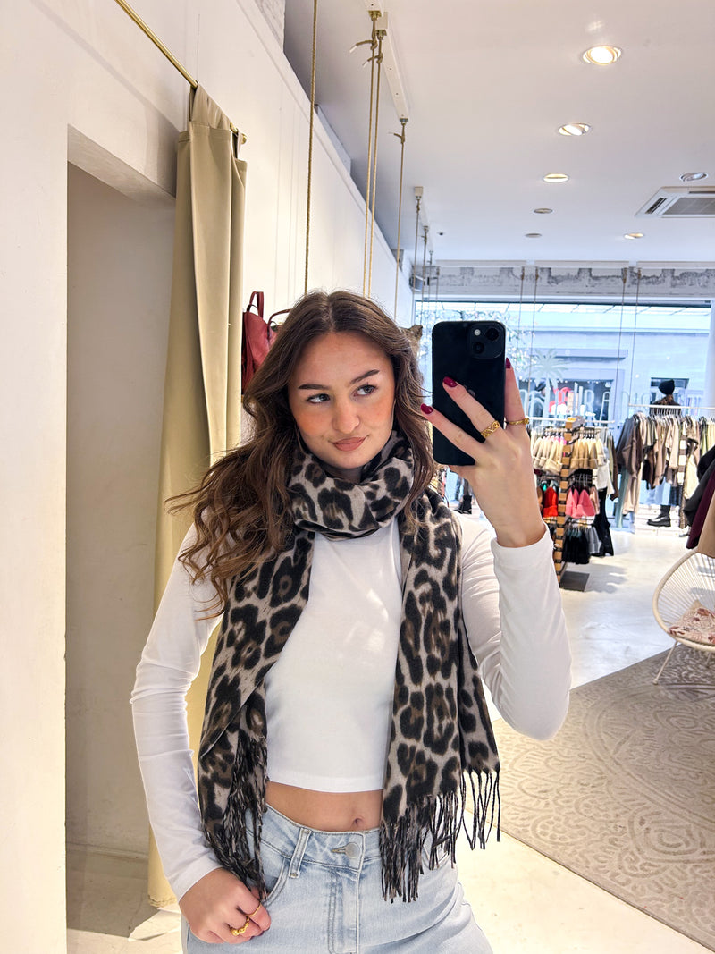 Schal mit Fransen und Leomuster Beige