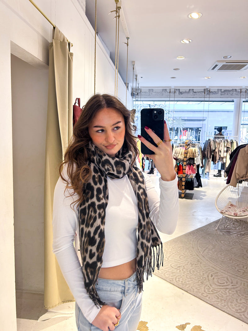 Schal mit Fransen und Leomuster Beige