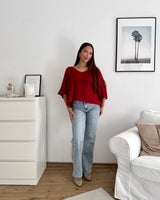 Kurzarm Strickpullover Weinrot