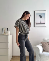 T-Shirt gestreift mit Knoten Strick Schwarz