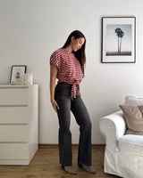 T-Shirt gestreift mit Knoten Strick Weinrot