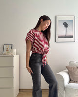 T-Shirt gestreift mit Knoten Strick Weinrot