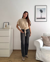 T-Shirt gestreift mit Knoten Strick Taupe