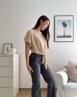 T-Shirt gestreift mit Knoten Strick Taupe