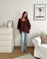 Oversized Kurzarm Strickpullover Dunkelbraun