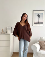 Oversized Kurzarm Strickpullover Dunkelbraun