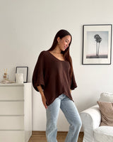 Oversized Kurzarm Strickpullover Dunkelbraun