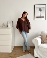 Oversized Kurzarm Strickpullover Dunkelbraun