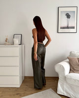 Kunstlederhose Wide Leg Olive