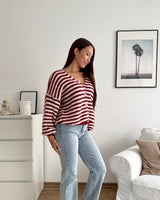 Strickjacke gestreift Weinrot/Weiß