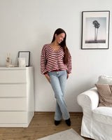 Strickjacke gestreift Weinrot/Weiß