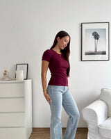 Ribbed Kurzarm Shirt Weinrot