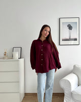 Kurze Waffle Bluse Weinrot