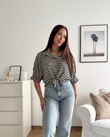 Bluse gestreift mit Knoten Strick Schwarz