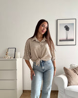 Bluse gestreift mit Knoten Strick Taupe