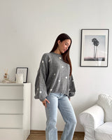 Strickpullover mit kleinen Herzen Grau/Weiß