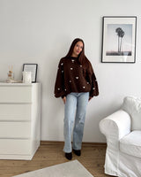 Strickpullover mit kleinen Herzen Braun/Weiß
