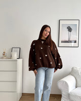 Strickpullover mit kleinen Herzen Braun/Weiß