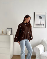 Strickpullover mit kleinen Herzen Braun/Weiß