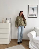 Strickpullover mit kleinen Herzen Olive/Weiß
