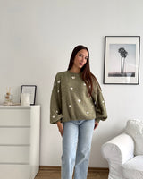 Strickpullover mit kleinen Herzen Olive/Weiß