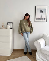 Strickpullover mit kleinen Herzen Olive/Weiß