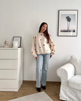Strickpullover mit kleinen Herzen Beige/Rot
