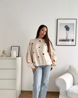 Strickpullover mit kleinen Herzen Beige/Rot