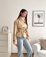 Kunstlederjacke mit hohem Kragen Beige