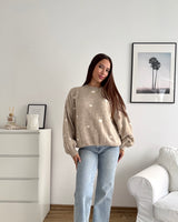 Strickpullover mit kleinen Herzen Taupe/Weiß