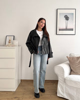 Kunstlederjacke mit hohem Kragen Schwarz