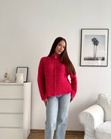 Strickjacke mit Zipper fein gestreift Pink/Rot