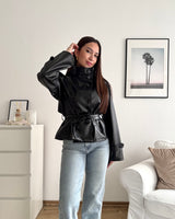 Kunstlederjacke mit hohem Kragen Schwarz