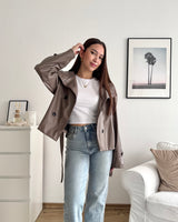 Kunstlederjacke mit hohem Kragen Taupe
