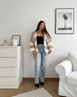 Grobe Strickjacke mit Streifen Taupe/Creme